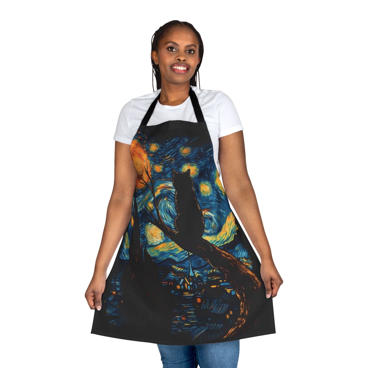 Starry night themed apron featuring a black cat, inspired by the famous painting by Vincent van Gogh.