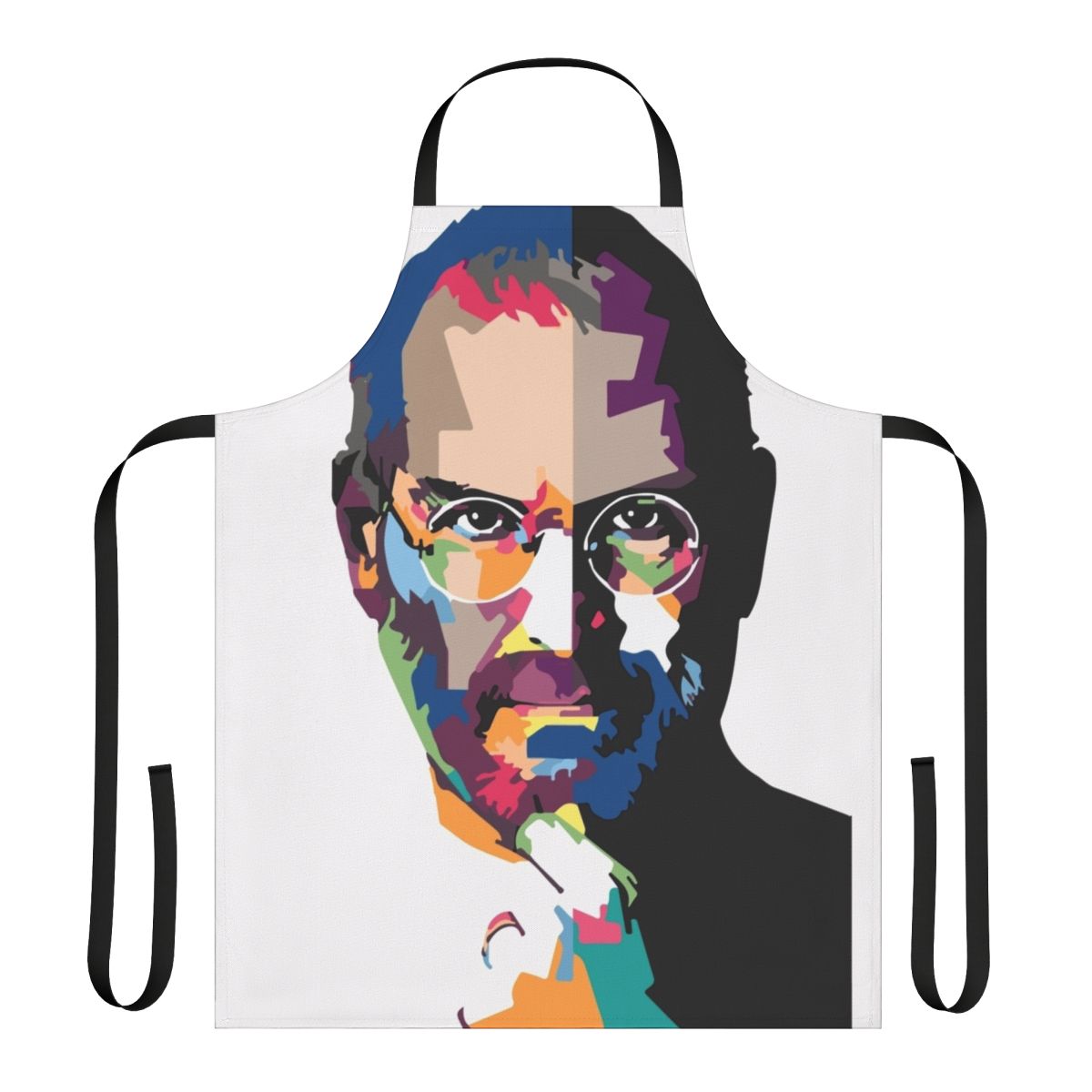 Artistic portrait of Steve Jobs printed on a high-quality cooking or baking apron