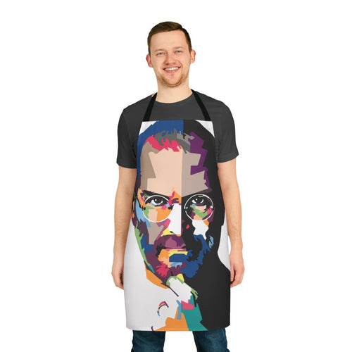 Artistic portrait of Steve Jobs printed on a high-quality cooking or baking apron