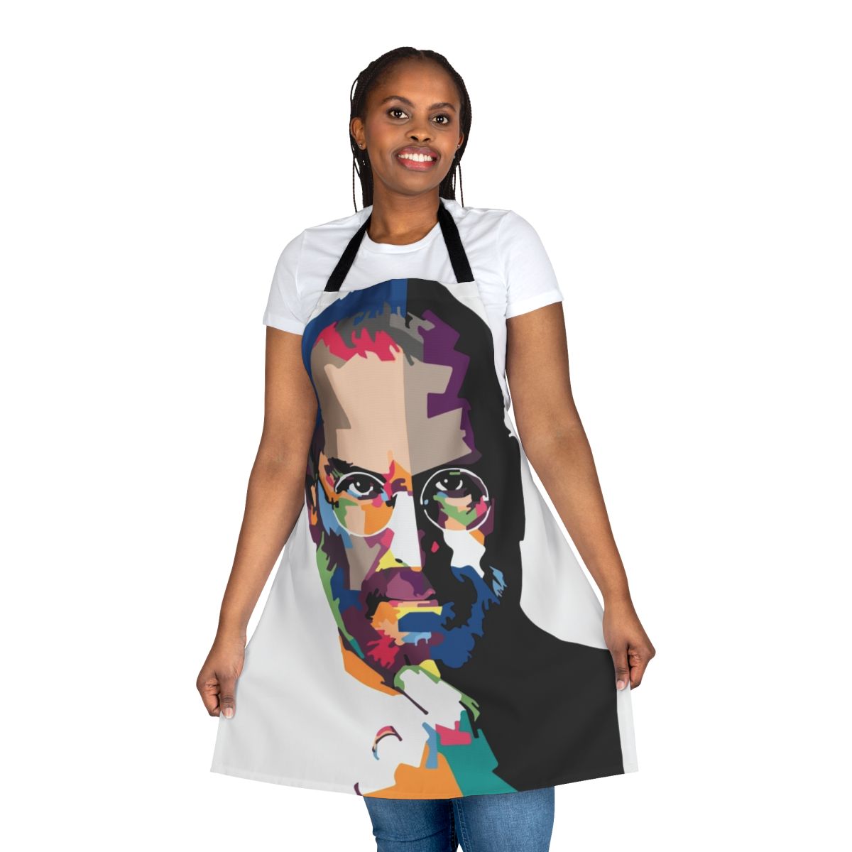 Artistic portrait of Steve Jobs printed on a high-quality cooking or baking apron