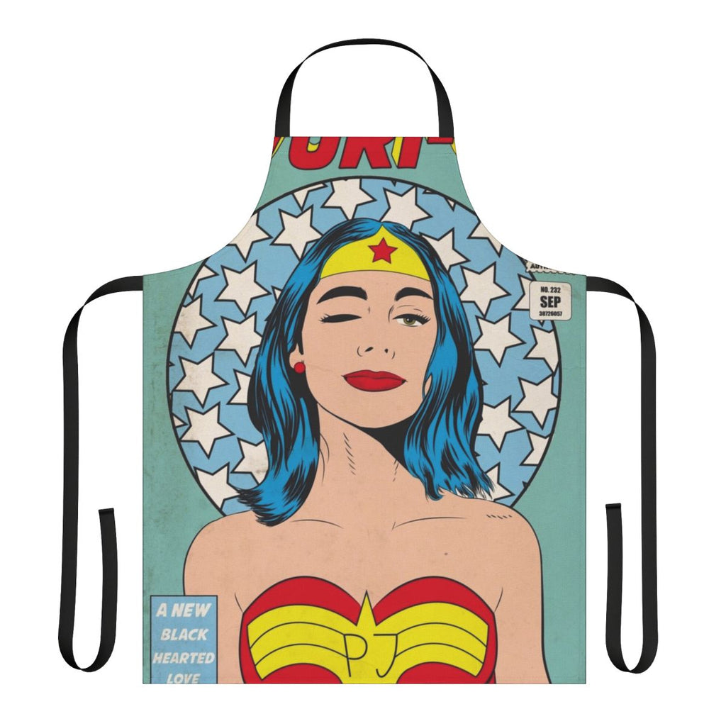 Colorful custom apron design featuring a portrait illustration of singer PJ Harvey in superhero-style attire.