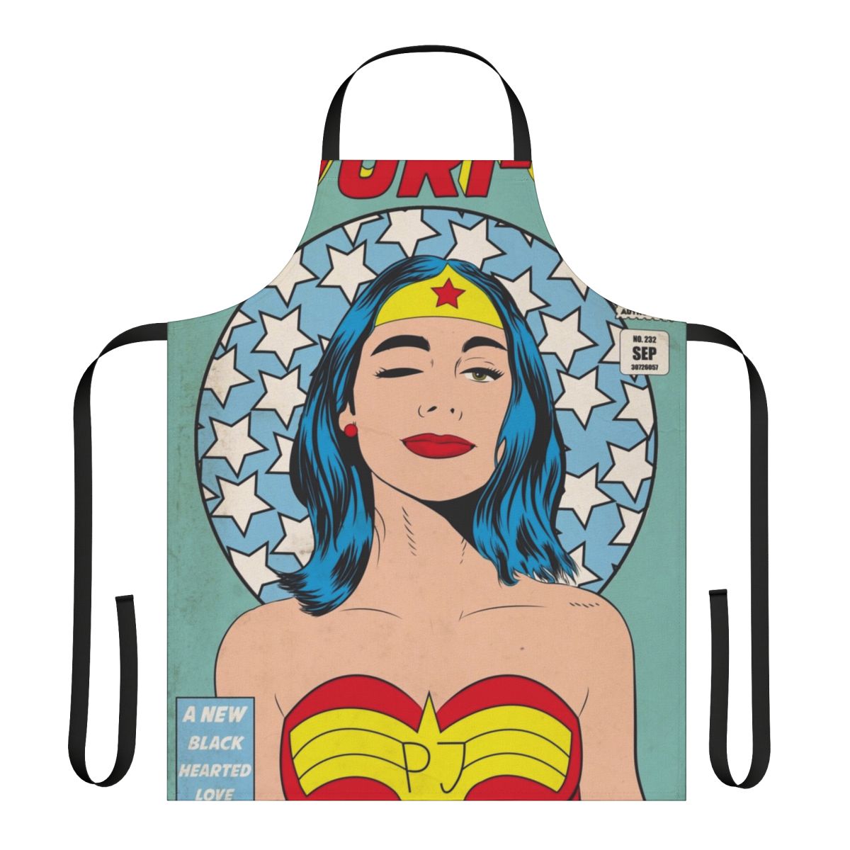 Colorful custom apron design featuring a portrait illustration of singer PJ Harvey in superhero-style attire.