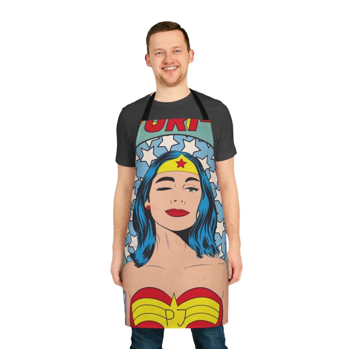 Colorful custom apron design featuring a portrait illustration of singer PJ Harvey in superhero-style attire.
