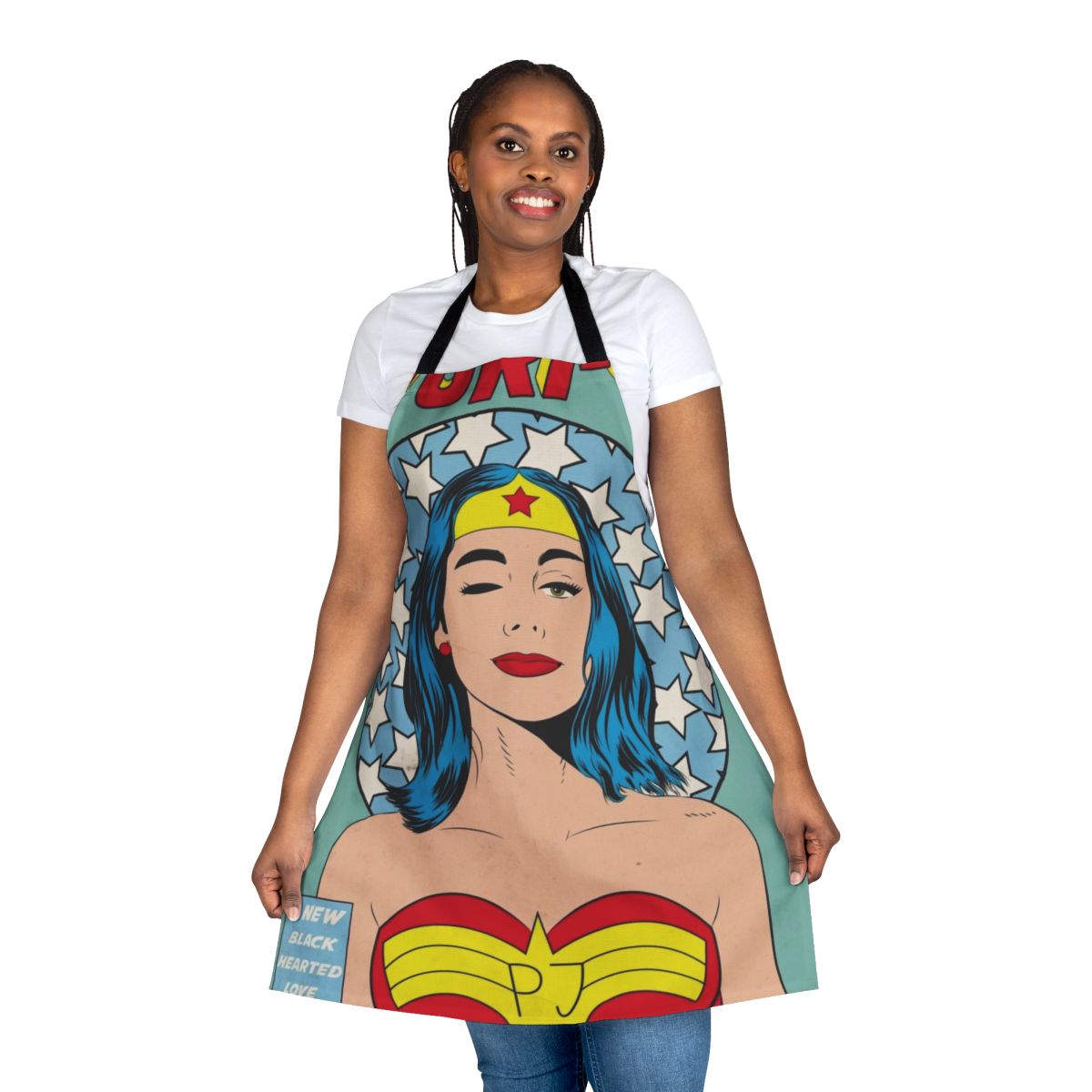 Colorful custom apron design featuring a portrait illustration of singer PJ Harvey in superhero-style attire.