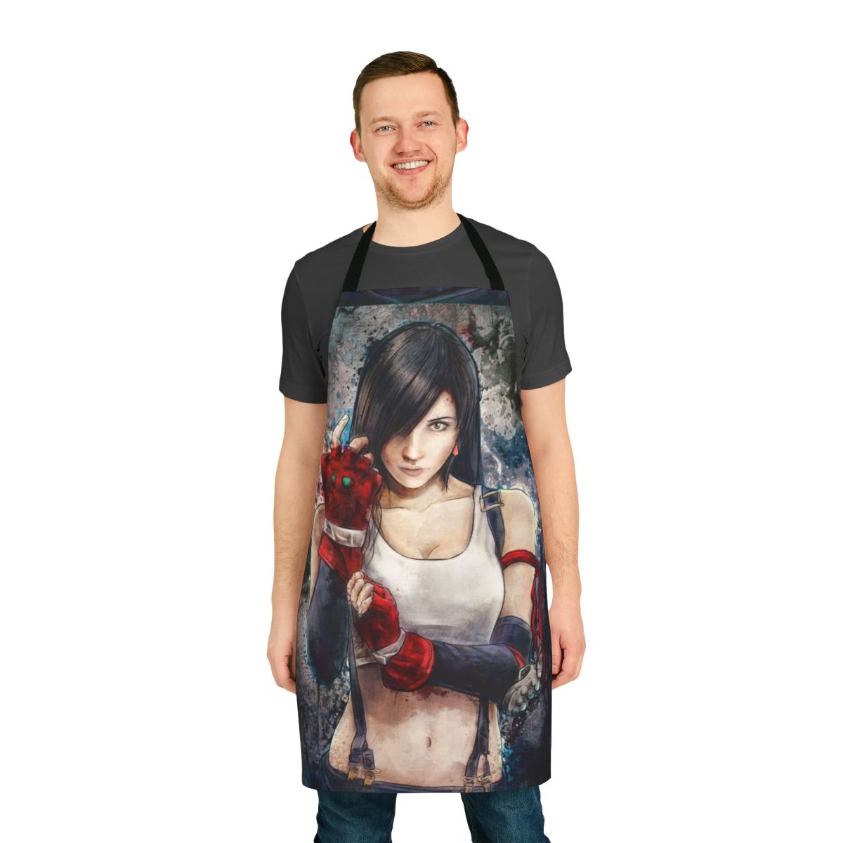 Artistic illustration of Tifa Lockhart, the iconic Final Fantasy VII character, on a high-quality apron.