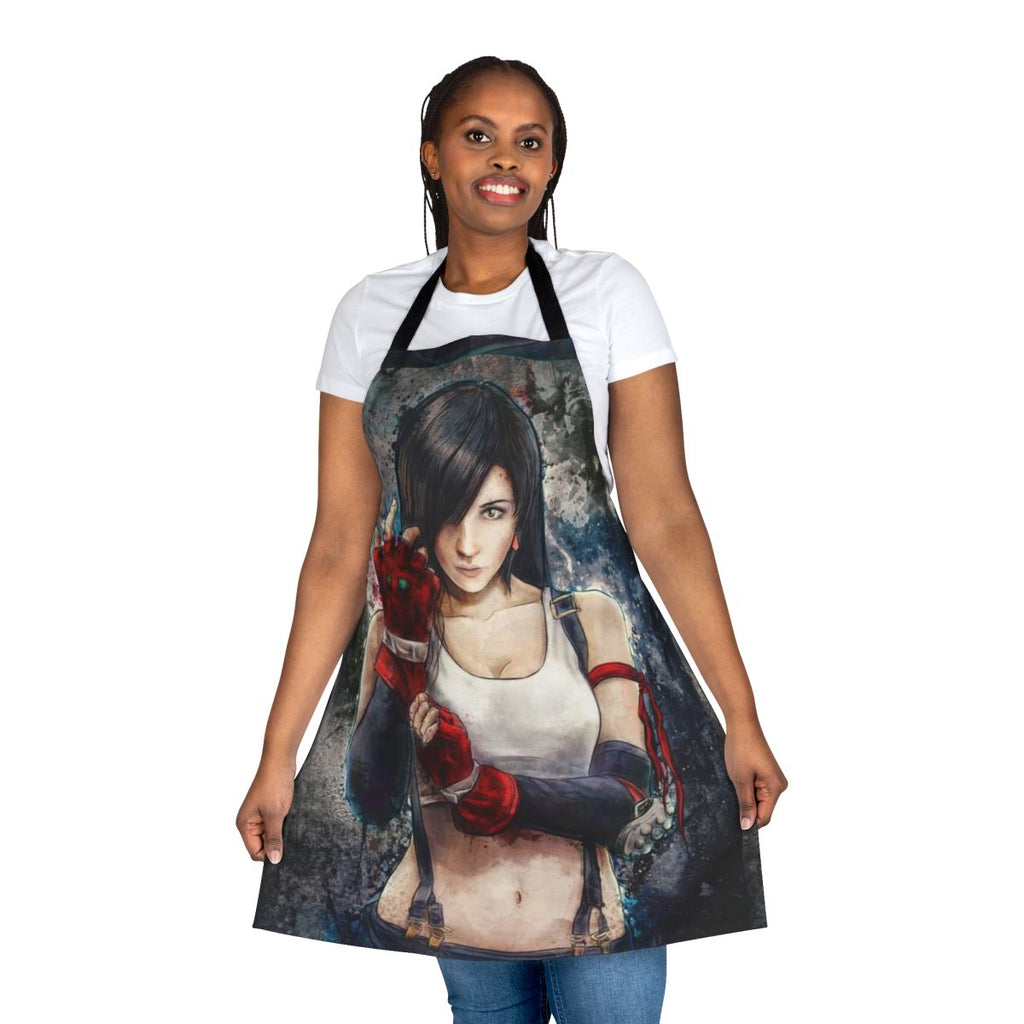 Artistic illustration of Tifa Lockhart, the iconic Final Fantasy VII character, on a high-quality apron.