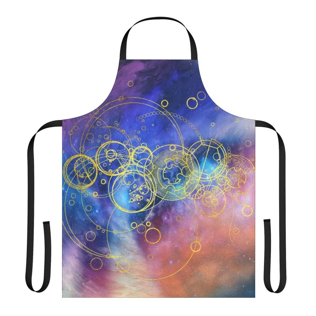 An apron featuring artistic time lord or doctor who-inspired designs with swirling vortex hues and Gallifreyan text.