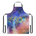 An apron featuring artistic time lord or doctor who-inspired designs with swirling vortex hues and Gallifreyan text.
