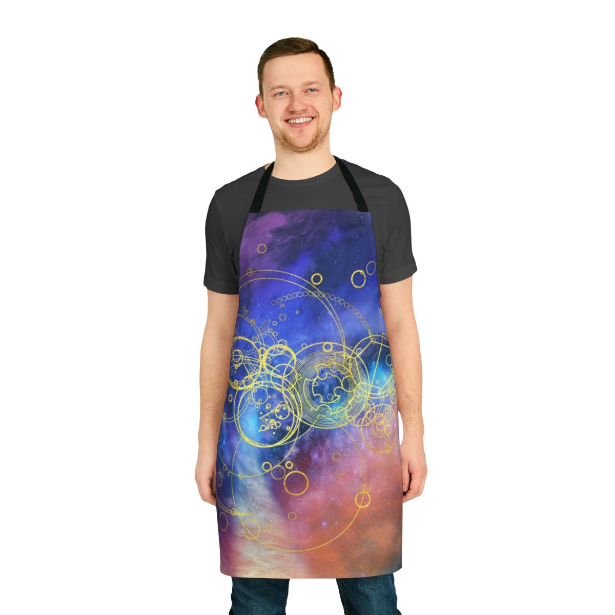 An apron featuring artistic time lord or doctor who-inspired designs with swirling vortex hues and Gallifreyan text.