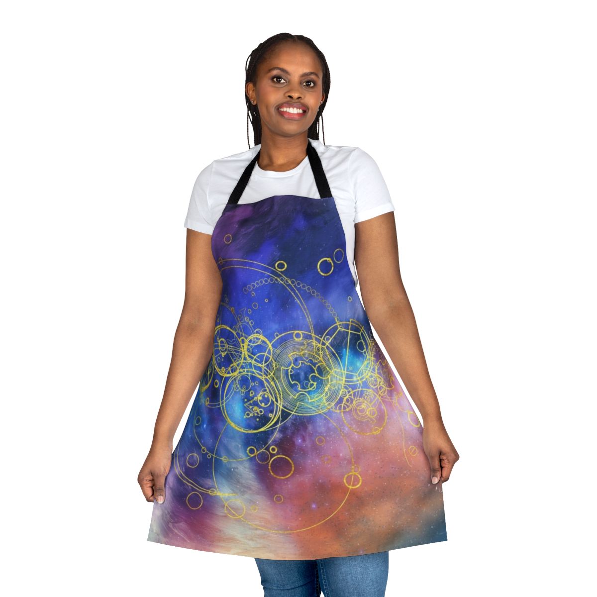 An apron featuring artistic time lord or doctor who-inspired designs with swirling vortex hues and Gallifreyan text.