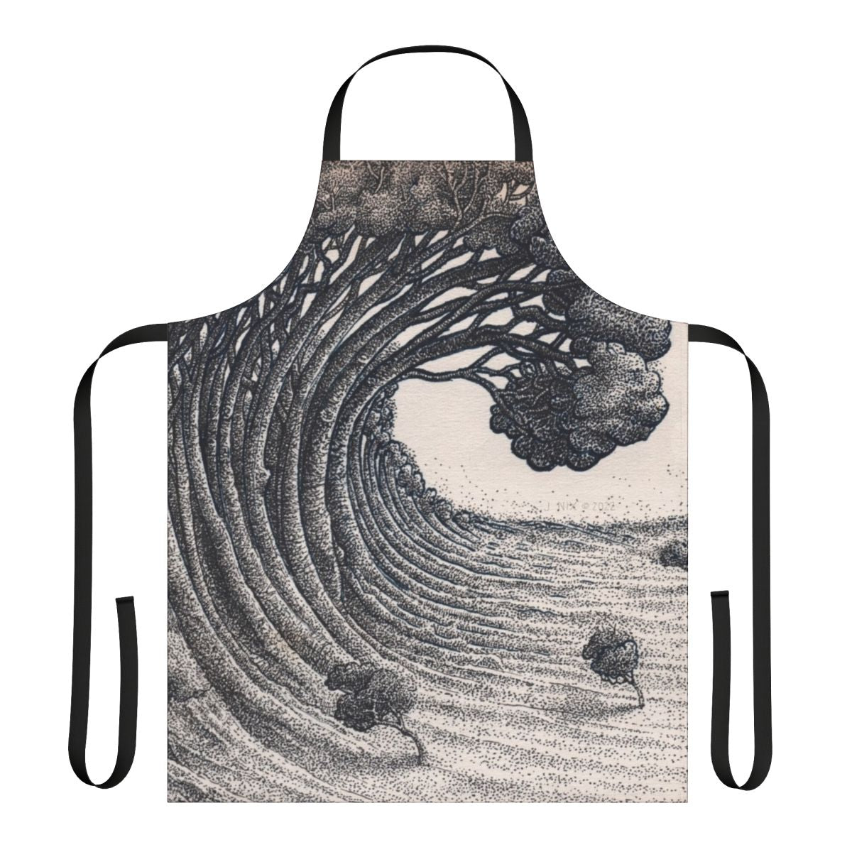 Apron with a tree wave pattern design in an ink drawing style with nature-inspired foliage and hoot owl graphic.