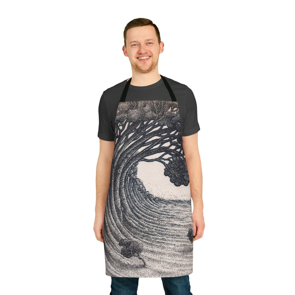 Apron with a tree wave pattern design in an ink drawing style with nature-inspired foliage and hoot owl graphic.
