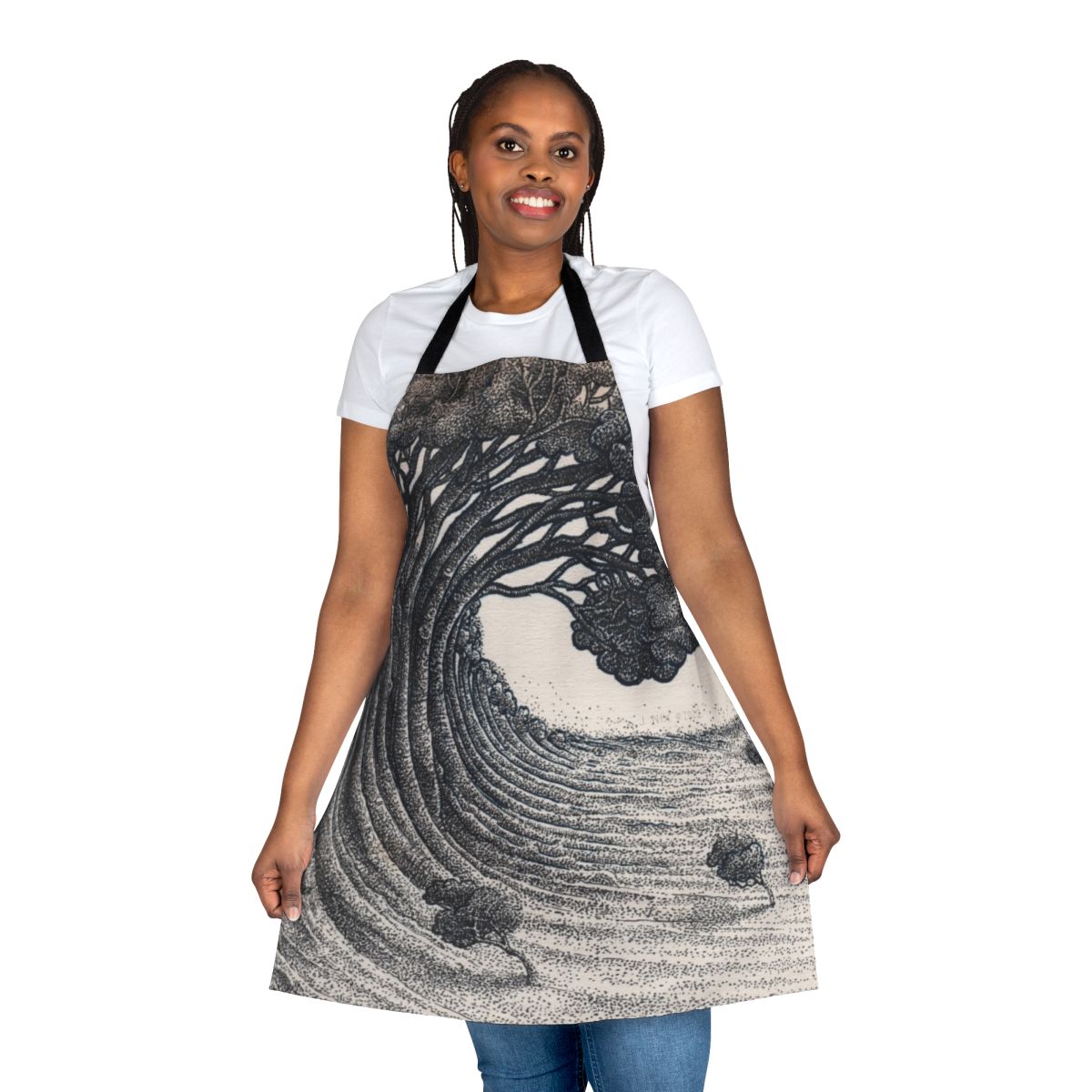 Apron with a tree wave pattern design in an ink drawing style with nature-inspired foliage and hoot owl graphic.