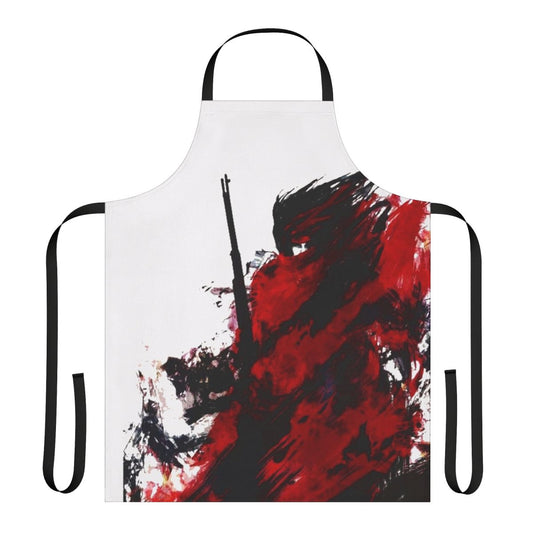 Abstract art apron with shadowy figure and red and black color scheme, inspired by classic video game characters