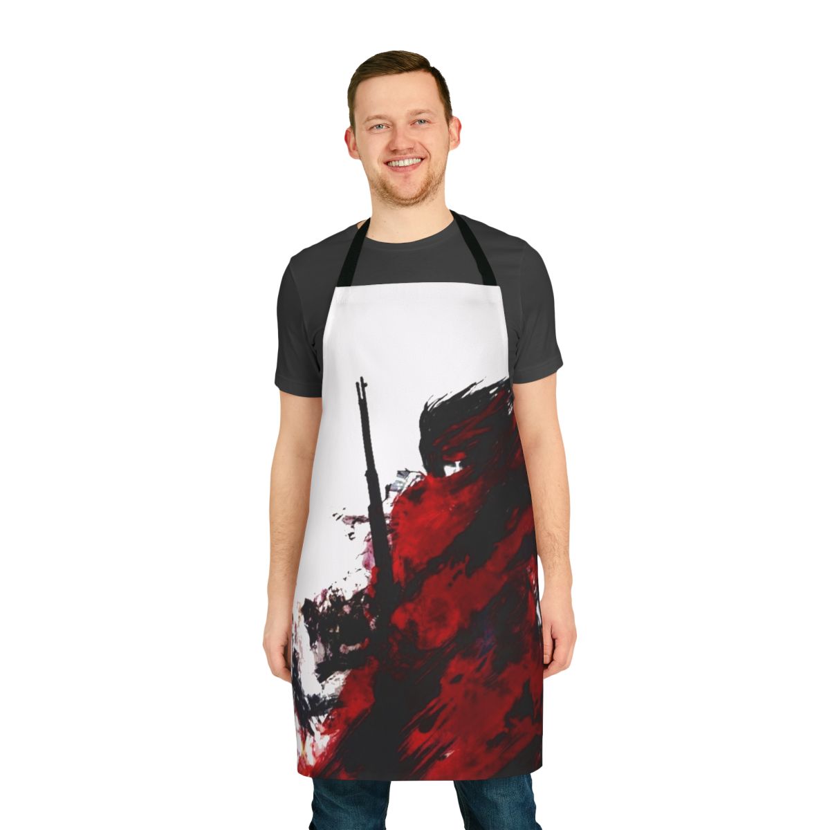 Abstract art apron with shadowy figure and red and black color scheme, inspired by classic video game characters