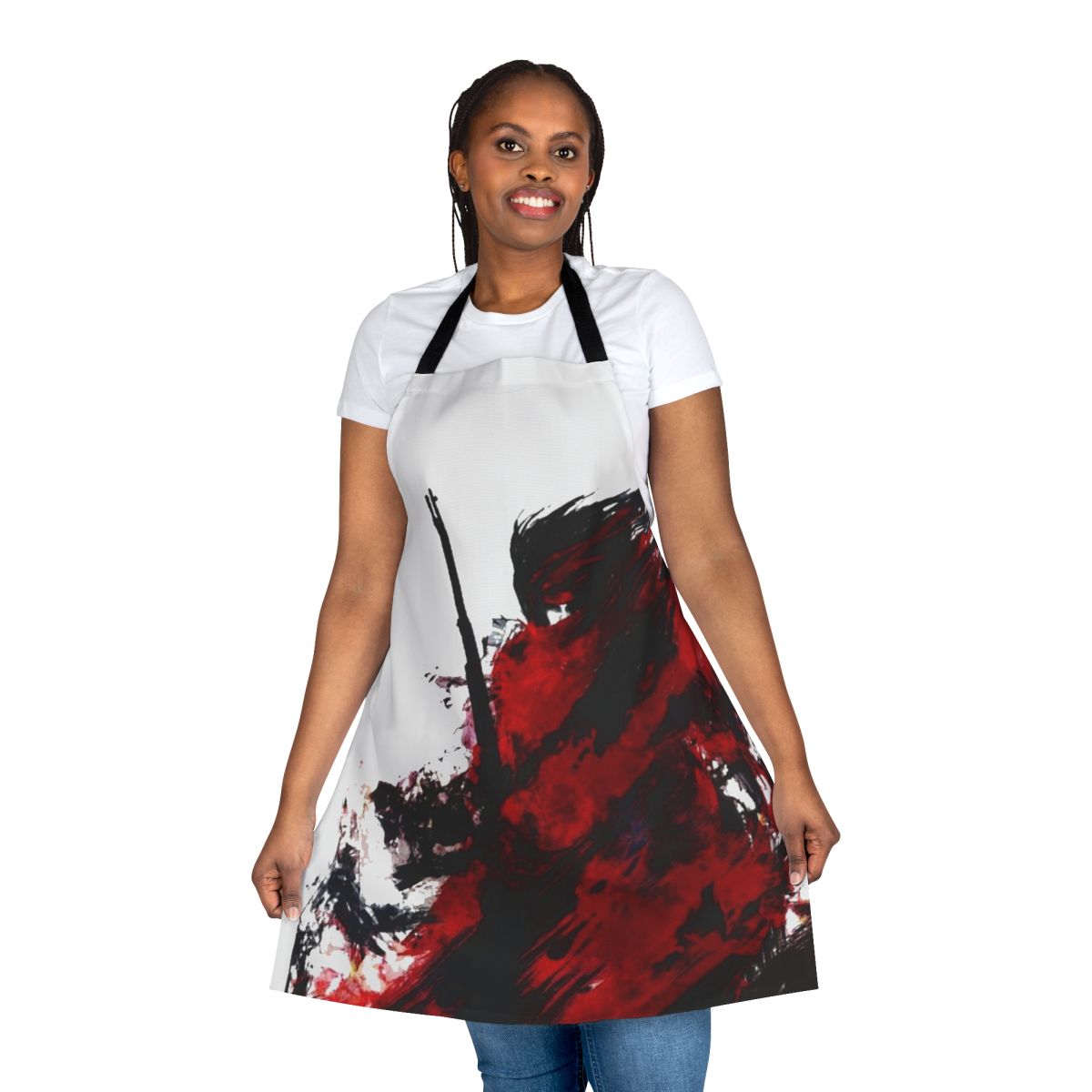 Abstract art apron with shadowy figure and red and black color scheme, inspired by classic video game characters
