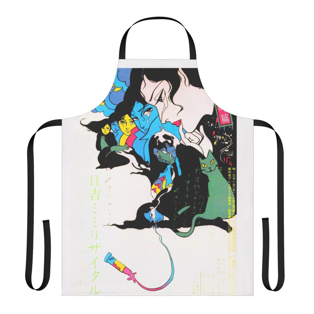 Vintage-inspired manga-style apron with colorful teardrops, cats, and lipstick