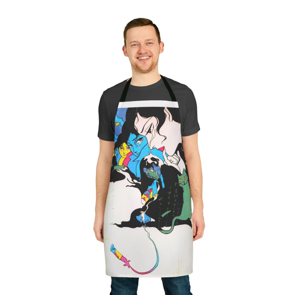 Vintage-inspired manga-style apron with colorful teardrops, cats, and lipstick