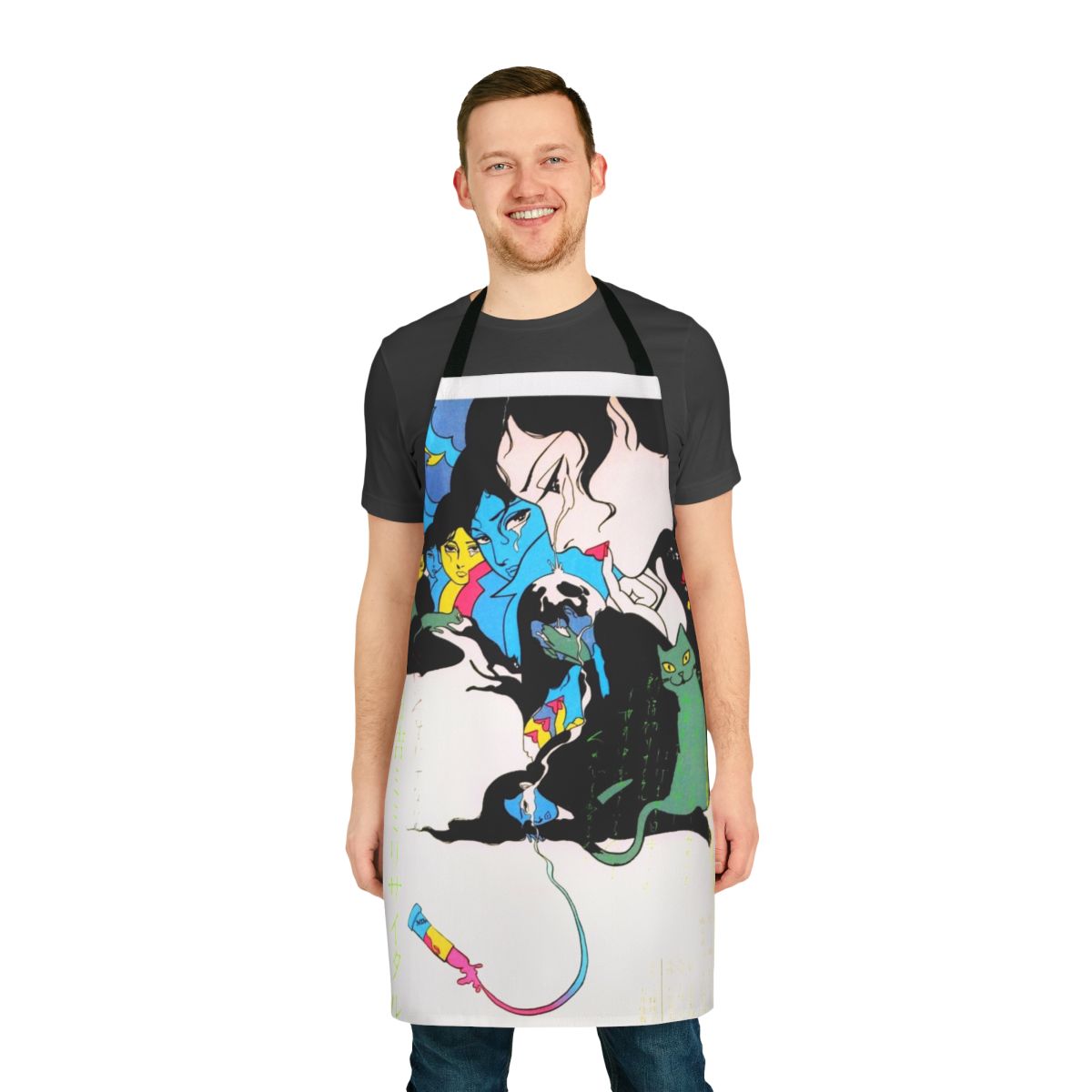 Vintage-inspired manga-style apron with colorful teardrops, cats, and lipstick