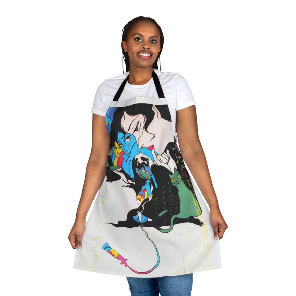 Vintage-inspired manga-style apron with colorful teardrops, cats, and lipstick