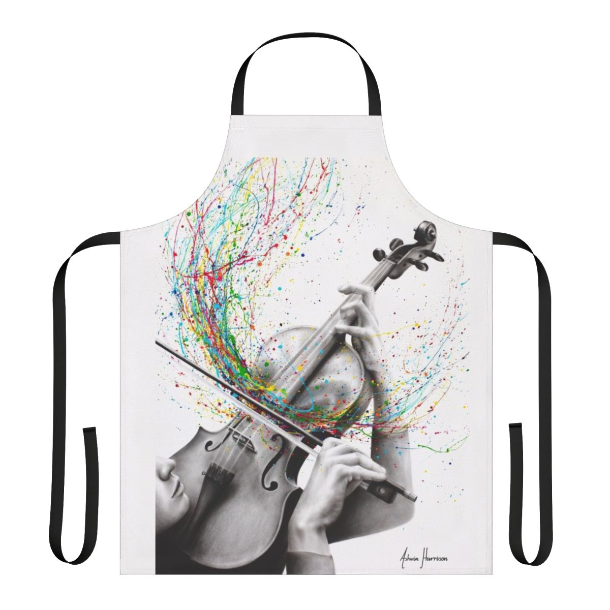 Artistic violin solo design printed on a high-quality kitchen apron for musicians and music enthusiasts.