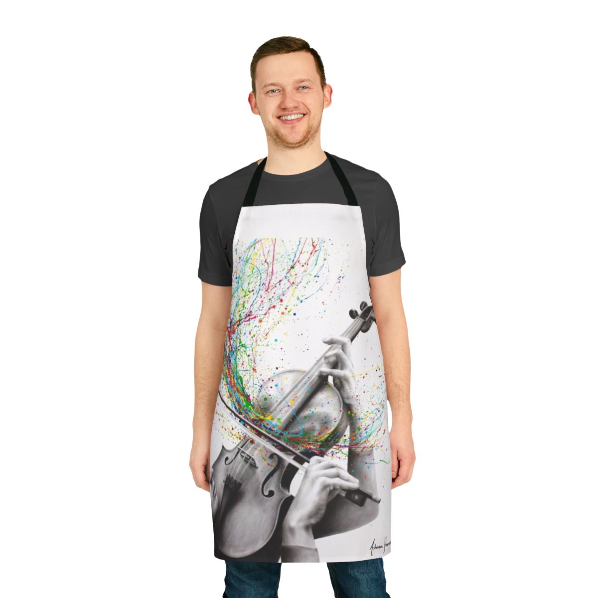 Artistic violin solo design printed on a high-quality kitchen apron for musicians and music enthusiasts.