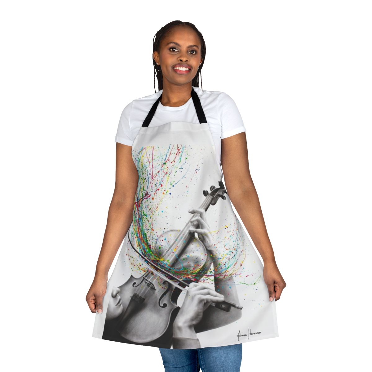 Artistic violin solo design printed on a high-quality kitchen apron for musicians and music enthusiasts.