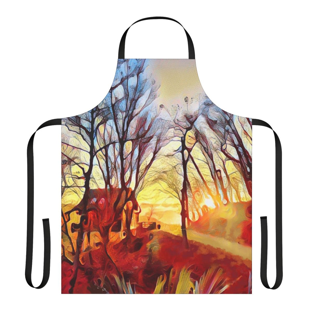 Artistic apron featuring a digital painting of a winter dawn landscape with mountains, trees, and a scenic panoramic view.