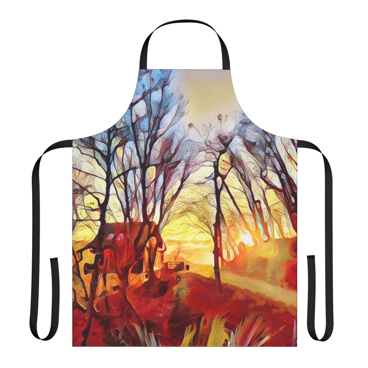 Artistic apron featuring a digital painting of a winter dawn landscape with mountains, trees, and a scenic panoramic view.