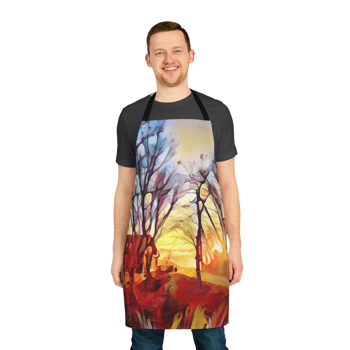 Artistic apron featuring a digital painting of a winter dawn landscape with mountains, trees, and a scenic panoramic view.