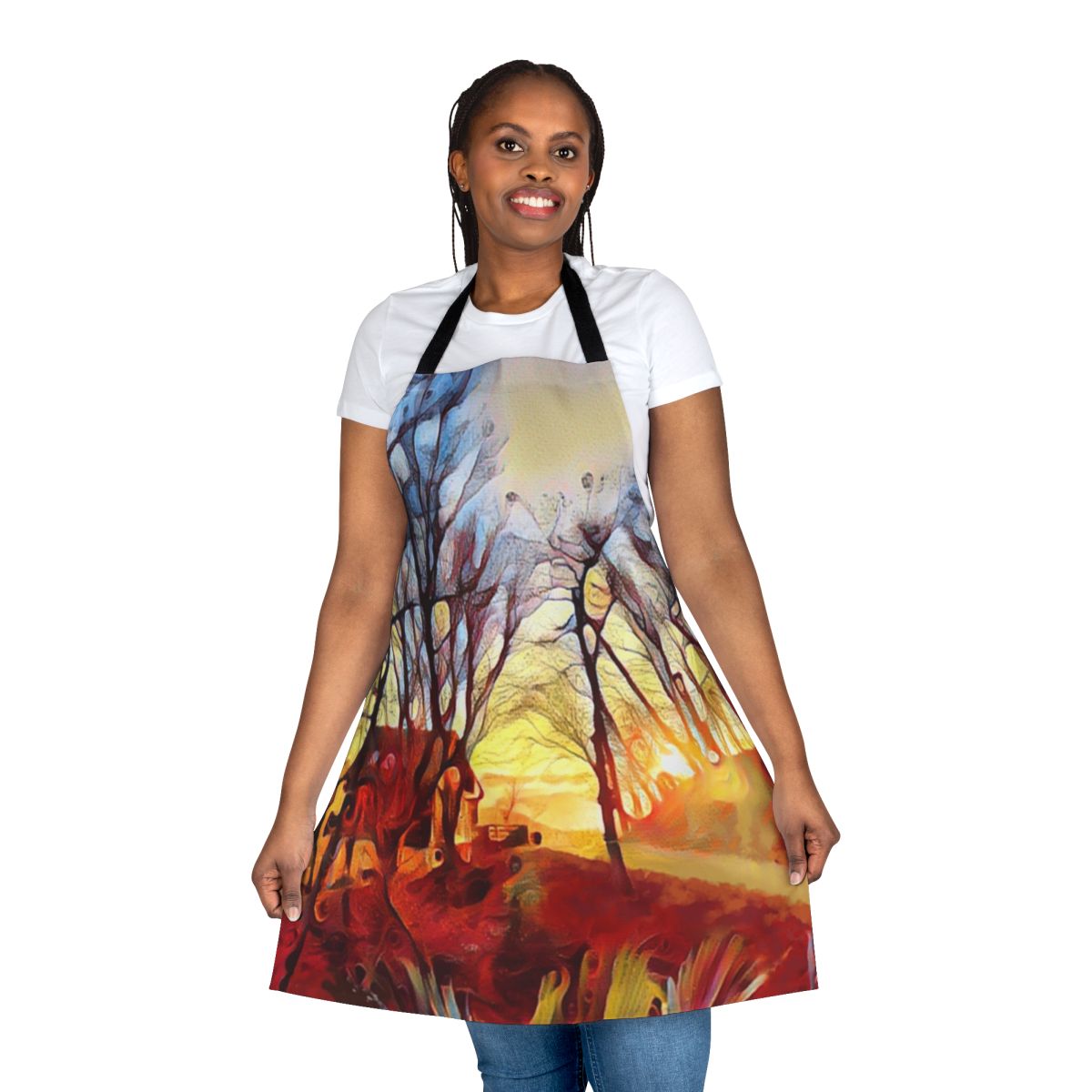 Artistic apron featuring a digital painting of a winter dawn landscape with mountains, trees, and a scenic panoramic view.