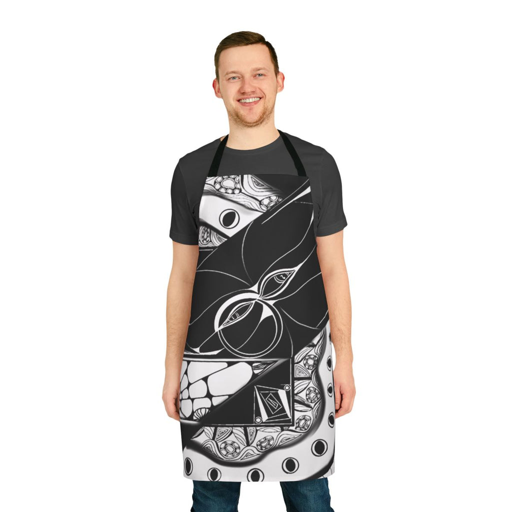 Artsy black and white apron with hidden musical note designs