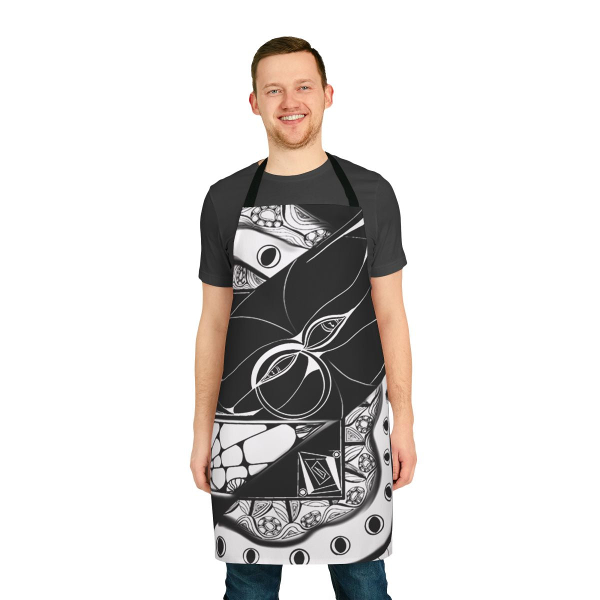 Artsy black and white apron with hidden musical note designs