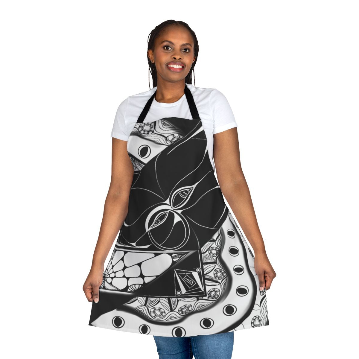 Artsy black and white apron with hidden musical note designs