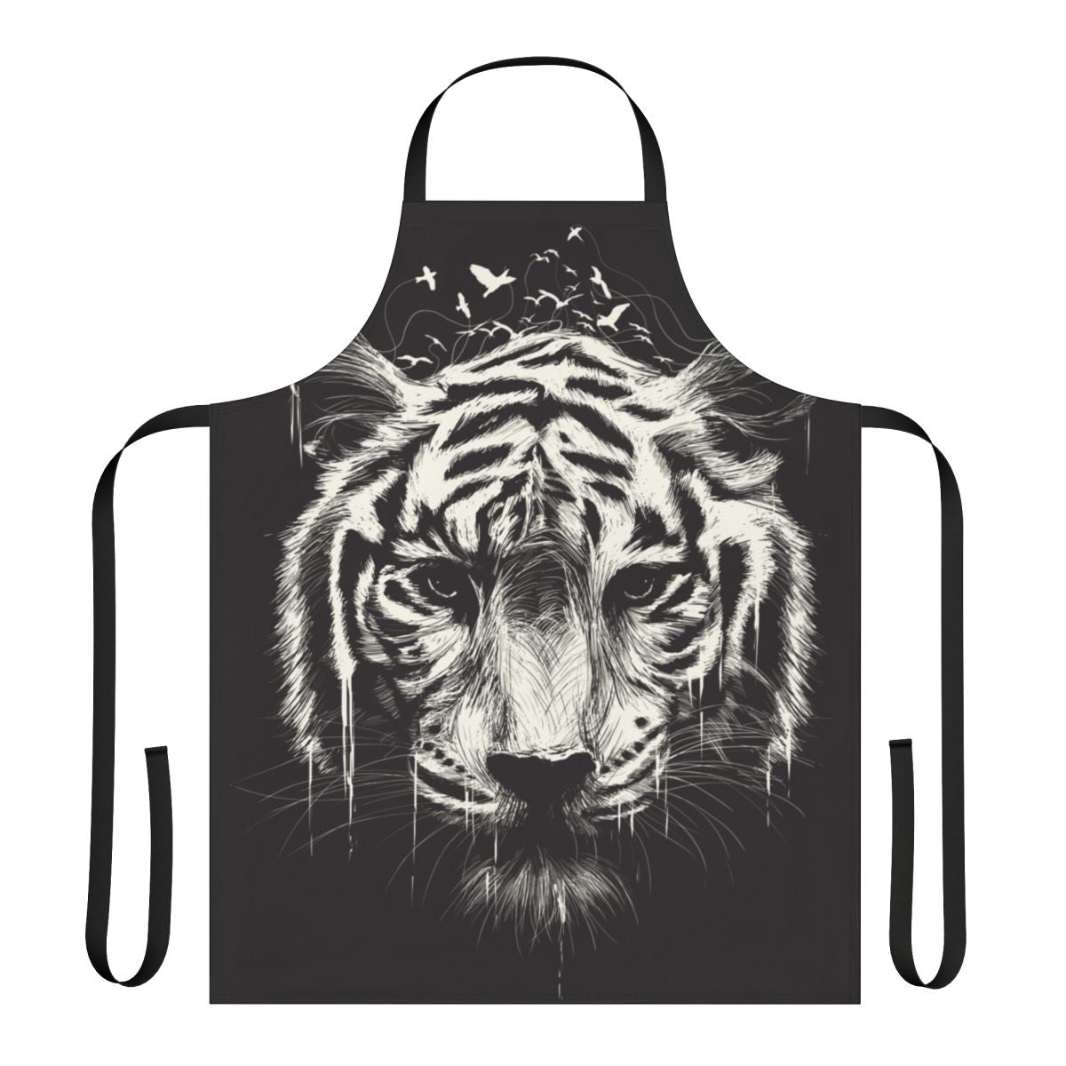 A digitally created apron featuring an interconnected, abstract design of tigers, birds, and nature imagery.