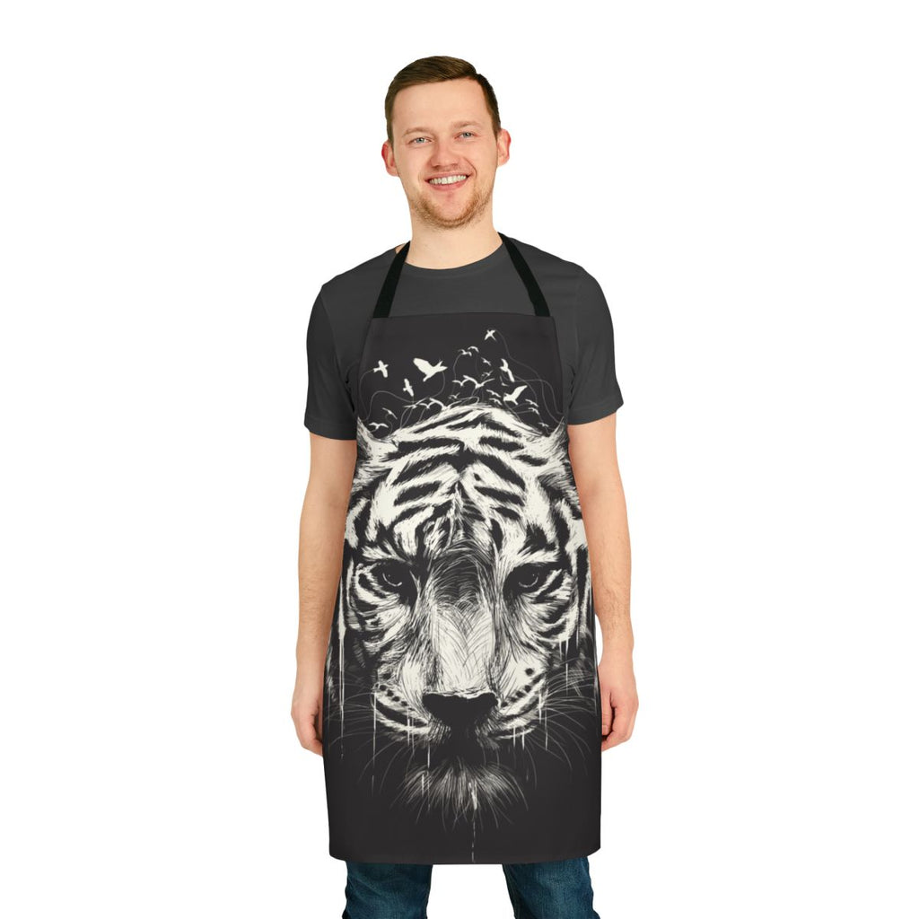 A digitally created apron featuring an interconnected, abstract design of tigers, birds, and nature imagery.