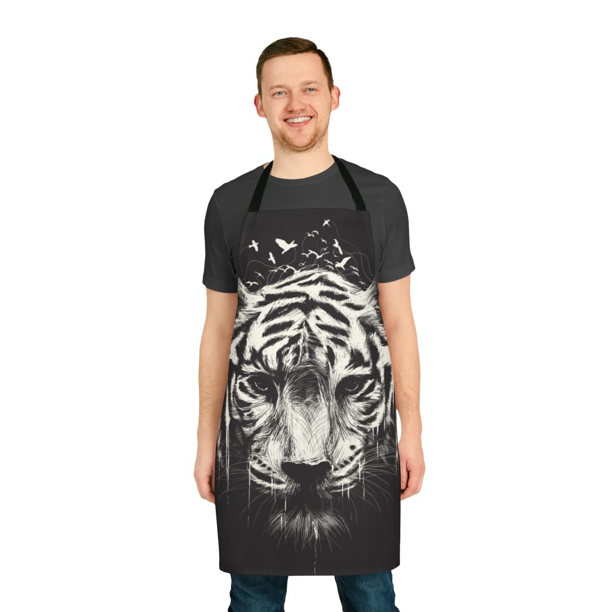 A digitally created apron featuring an interconnected, abstract design of tigers, birds, and nature imagery.