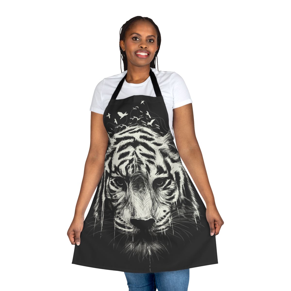A digitally created apron featuring an interconnected, abstract design of tigers, birds, and nature imagery.
