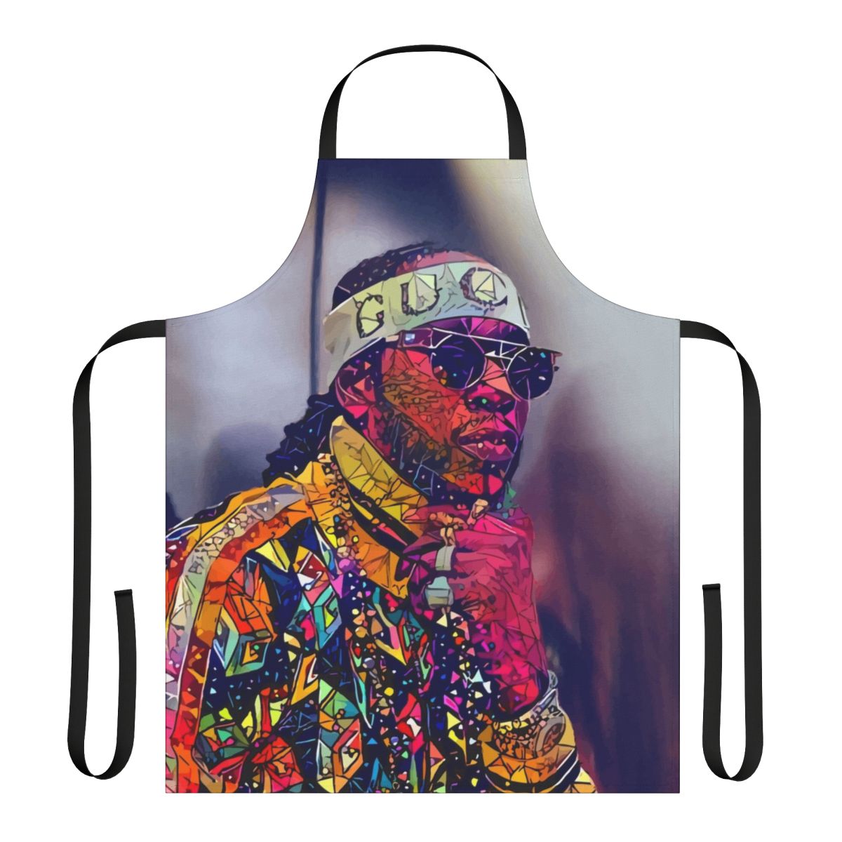 Abstract art-styled apron featuring the name and brand of popular Atlanta rapper 2 Chainz