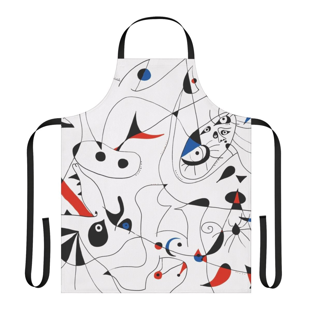 Abstract geometric apron with black lines and primary colors, inspired by the artwork of famous 20th century Spanish painter Joan Miró.