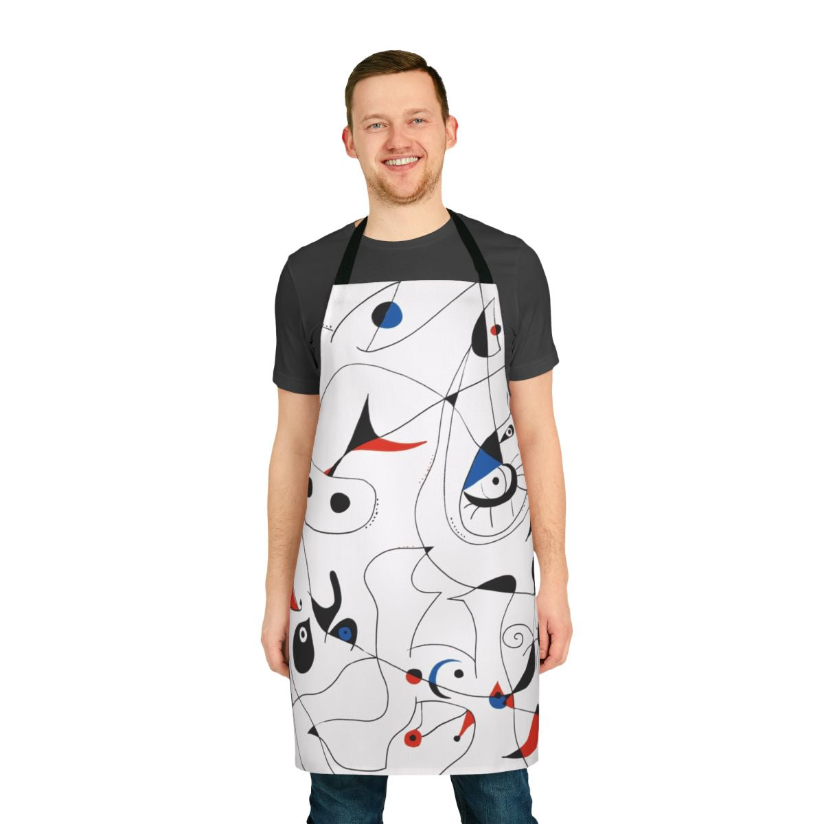 Abstract geometric apron with black lines and primary colors, inspired by the artwork of famous 20th century Spanish painter Joan Miró.