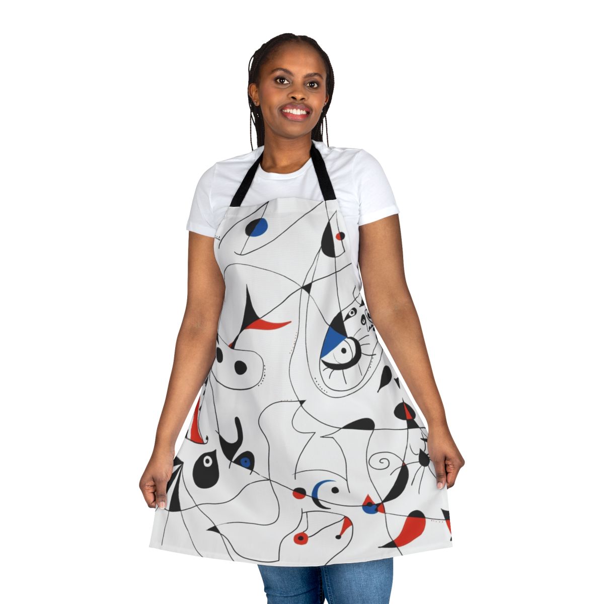 Abstract geometric apron with black lines and primary colors, inspired by the artwork of famous 20th century Spanish painter Joan Miró.