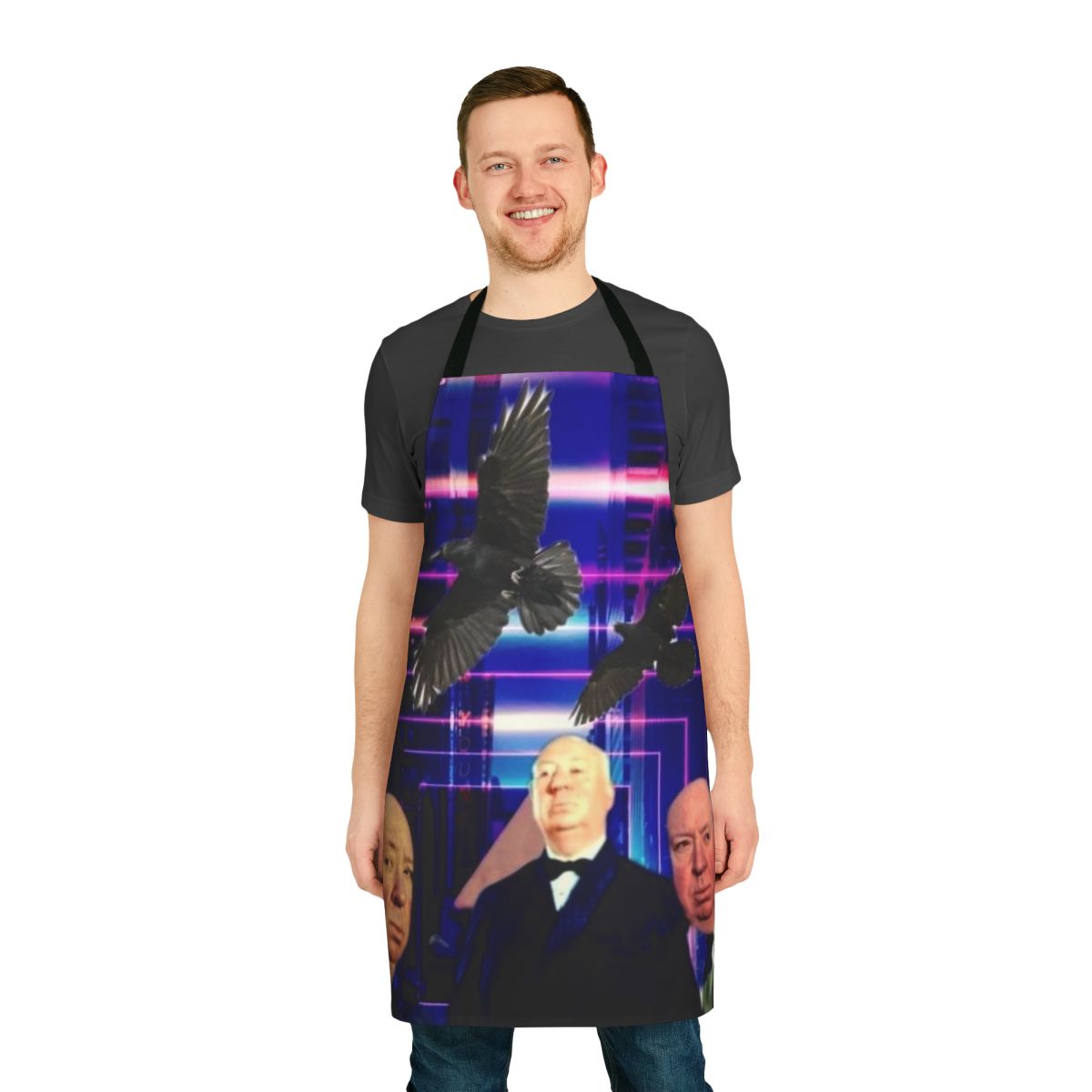 Stylish apron featuring unique Alfred Hitchcock fan art design