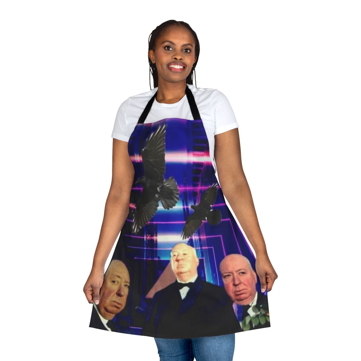 Stylish apron featuring unique Alfred Hitchcock fan art design