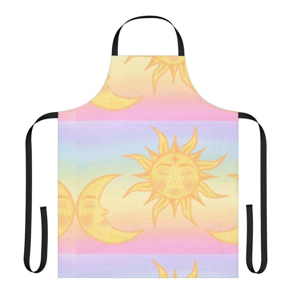 A vibrant, whimsical apron featuring a design of the sun and moon in a pastel, fairycore style.