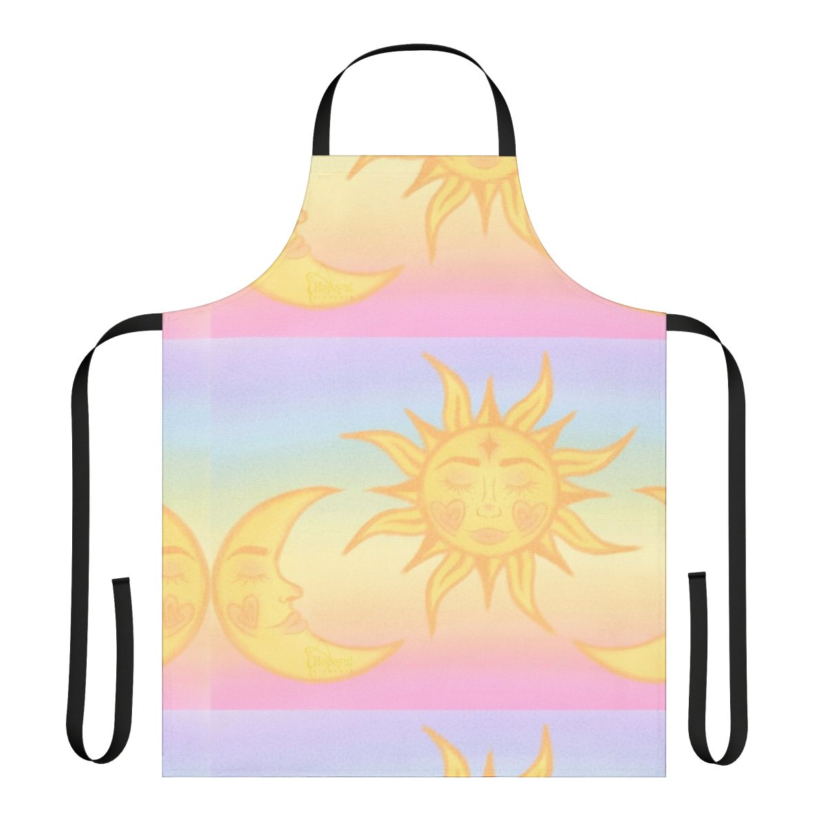 A vibrant, whimsical apron featuring a design of the sun and moon in a pastel, fairycore style.
