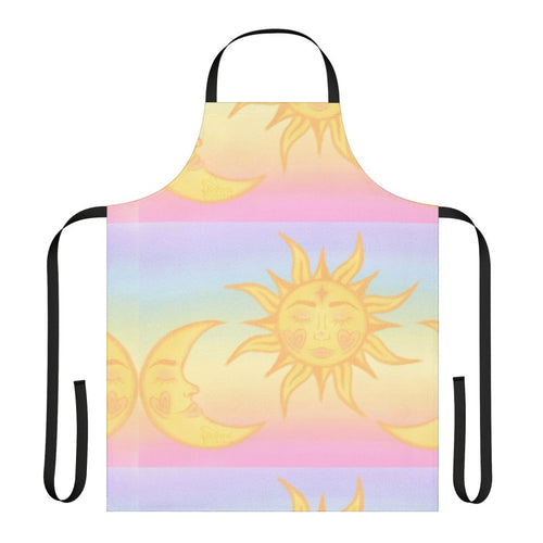 A vibrant, whimsical apron featuring a design of the sun and moon in a pastel, fairycore style.