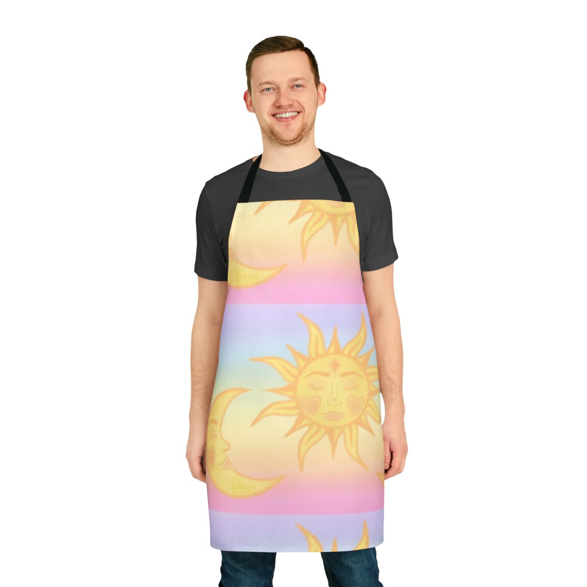 A vibrant, whimsical apron featuring a design of the sun and moon in a pastel, fairycore style.