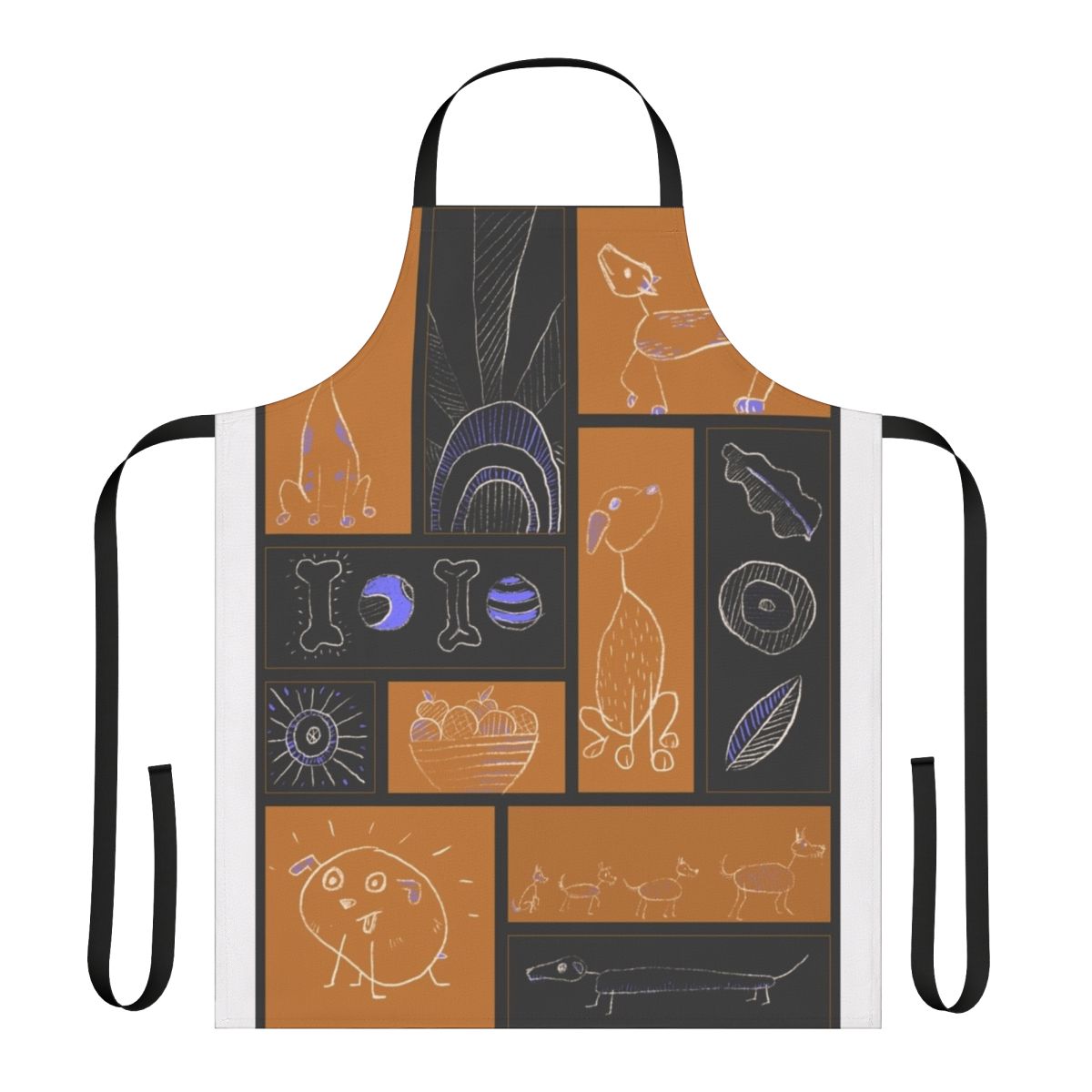 Artistic collage-style sketch of a dog on a high-quality kitchen apron