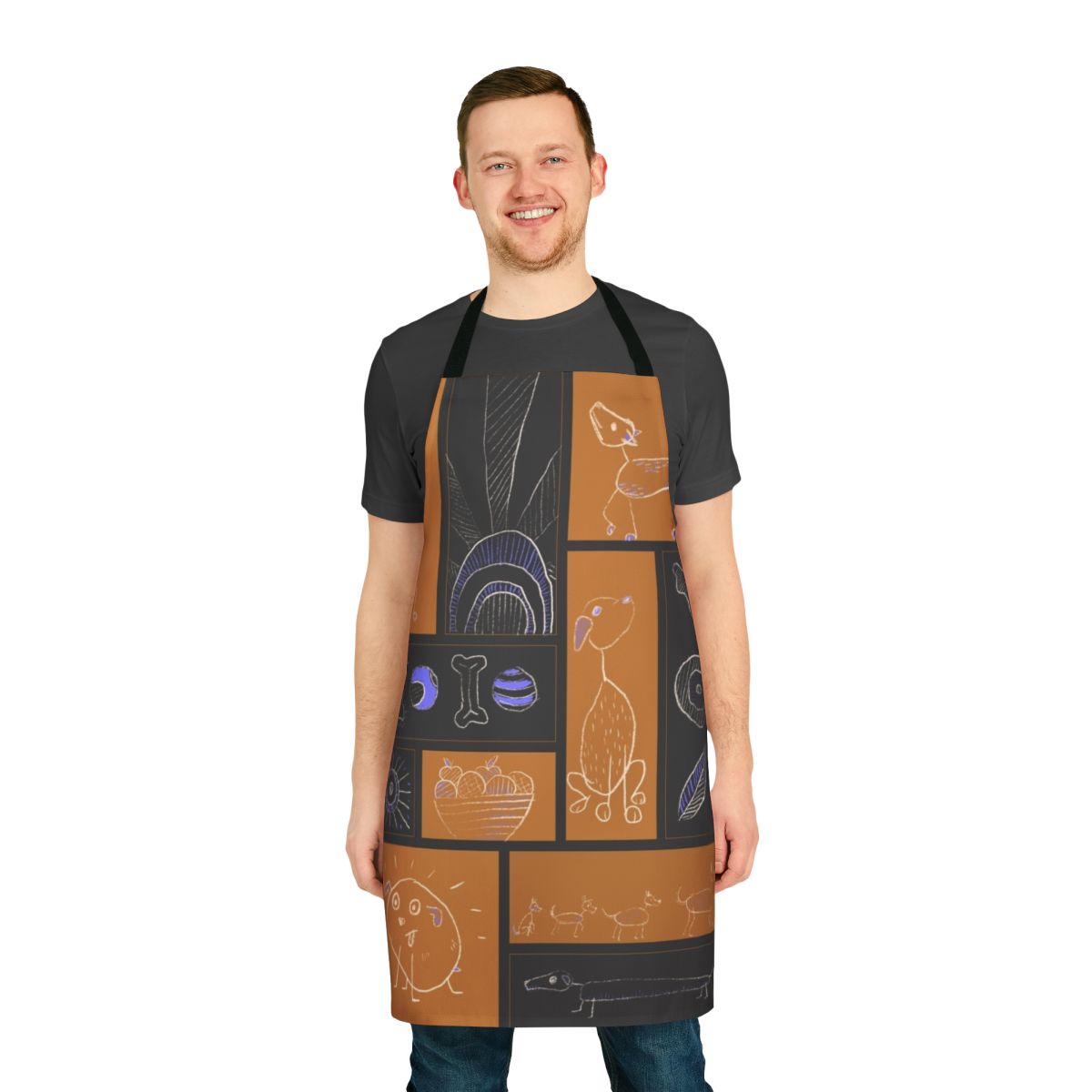 Artistic collage-style sketch of a dog on a high-quality kitchen apron